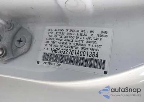 2001 Honda Accord 2.3 Ex из США, поврежденный, VIN 1HGCG32761A001364